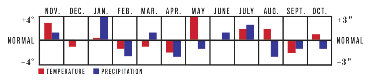 Temperature and Precipitation Chart, November 2022 to October 2023 for Northeast Region